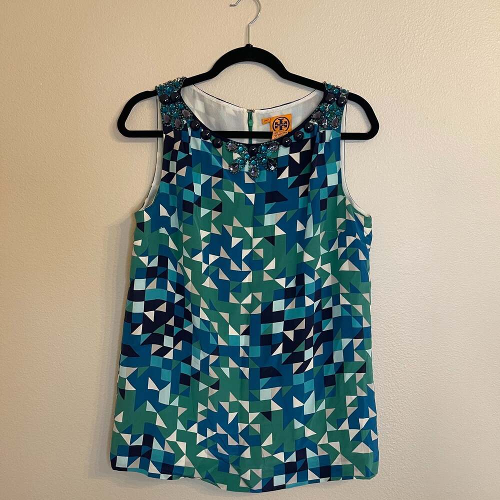 Tory Burch Silk Blouse Size 8 Blue Green Geometric Jeweled Embellished Tank